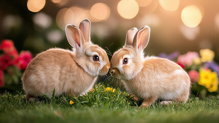 Obraz premium Two adorable rabbits nuzzling each other in vibrant garden filled with colorful flowers. warm, soft lighting creates charming and intimate atmosphere, perfect for capturing their playful bond