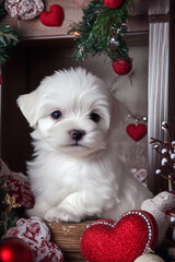 This sweet Maltese pup brings love to life in a homey setting filled with decorative red hearts and gentle charm.