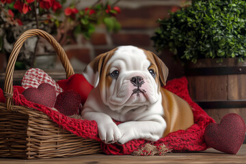 This lovable bulldog puppy radiates warmth in a basket filled with a red knitted blanket and sweet Valentine hearts.