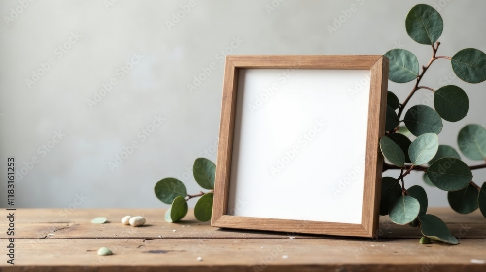 Poster blank square wooden frame mockup with eucalyptus branches and small stones on a rustic wooden surfac