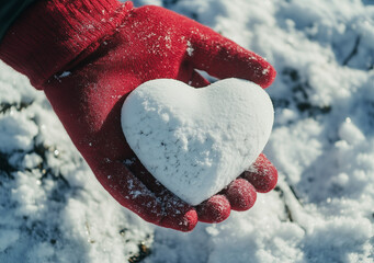 Close-Up of Red Woolen Gloves Holding Snow-White Heart on Snowy Background, Symbolizing Love and Valentine's Day.