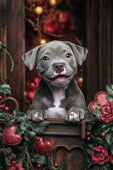 A very young pitbull puppy waits happily for his new best friend for Valentine's Day.