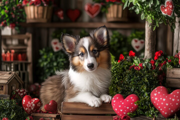 A charming collie puppy lounges amid country blooms and rustic Valentine touches.