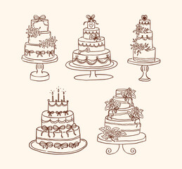A collection of elegant minimalist line art wedding cake illustrations featuring floral, bow, and romantic elements, perfect for timeless celebrations and wedding designs.