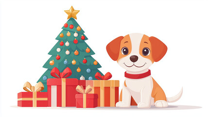 cheerful puppy sitting near decorated Christmas tree with colorful gifts, radiating joy and festive spirit. Perfect for holiday themed designs