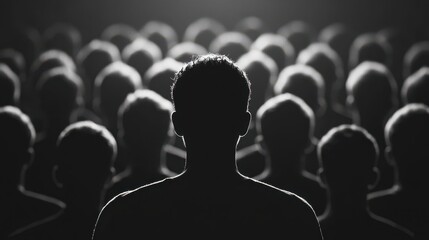 Obraz premium A silhouetted figure stands before a crowd, creating a powerful contrast in this striking black-and-white image that evokes themes of identity and unity.