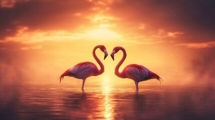 Fototapeta premium A romantic composition of two flamingos on a misty lake, forming a heart shape with their necks as the sunset casts warm, glowing colors