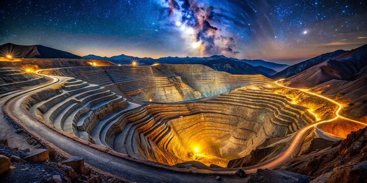Majestic Night View of Bingham Canyon Copper Mine, Utah's Starry Sky Reflecting on Open Pit