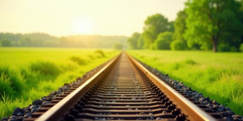 Fototapeta premium Golden Hour Railway Tracks Extending into Lush Green Meadow
