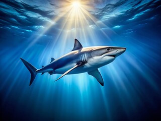 Fototapeta premium Majestic Ocean Shark: Drone Aerial View of a Lone Shark Swimming in Crystal Clear Blue Water