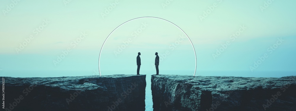 Poster two men standing on a bridge with a large arch in the middle