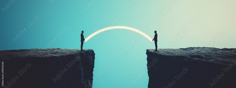 Poster two men are standing on a bridge with a gap between them