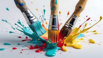 Three paintbrushes with vibrant primary colors of paint splattering from the bristles, against a white background