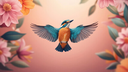 Obraz premium vibrant tropical bird flying gracefully amidst colorful flowers, showcasing its stunning plumage and dynamic wings. scene evokes sense of joy and beauty in nature