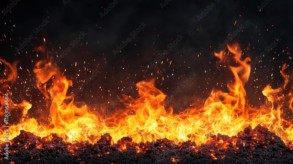Poster fire abstract background concept. a dynamic view of bright flames and glowing embers against a dark 