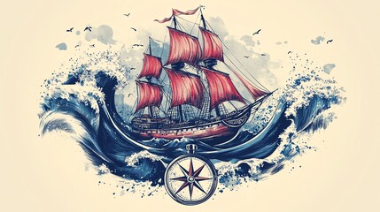 Ship illustration with compass, ocean waves
