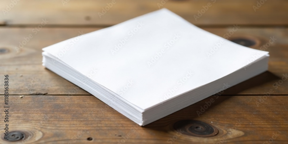 Poster stack of blank paper sheets on wooden surface
