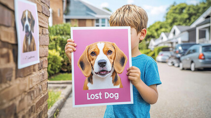 young boy is putting up Lost Dog posters featuring beagle on sunny street. scene captures sense of hope and determination in finding missing pet