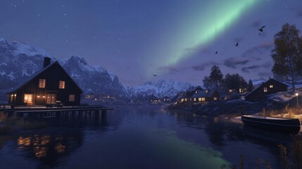 Fototapeta premium Nighttime view of the Aurora Borealis over Henningsvaer - ai