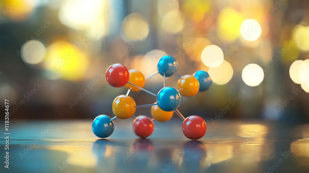 Poster colorful molecular model on a table with bokeh background in a scientific setting