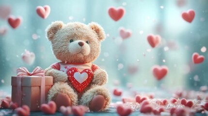 A sweet teddy bear in a heart-themed shirt, placed with a gift box and surrounded by playful hearts, perfect for romantic or celebratory visuals