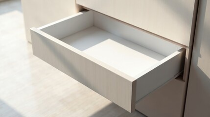 Empty Light Wood Drawer Partially Open in Sunlight