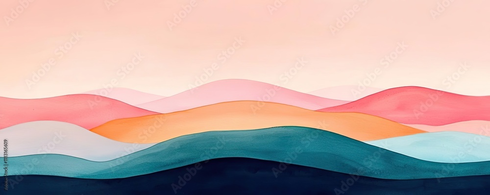 Poster Watercolor abstract background concept. A serene and colorful abstract landscape with gentle wave patterns and soft hues.