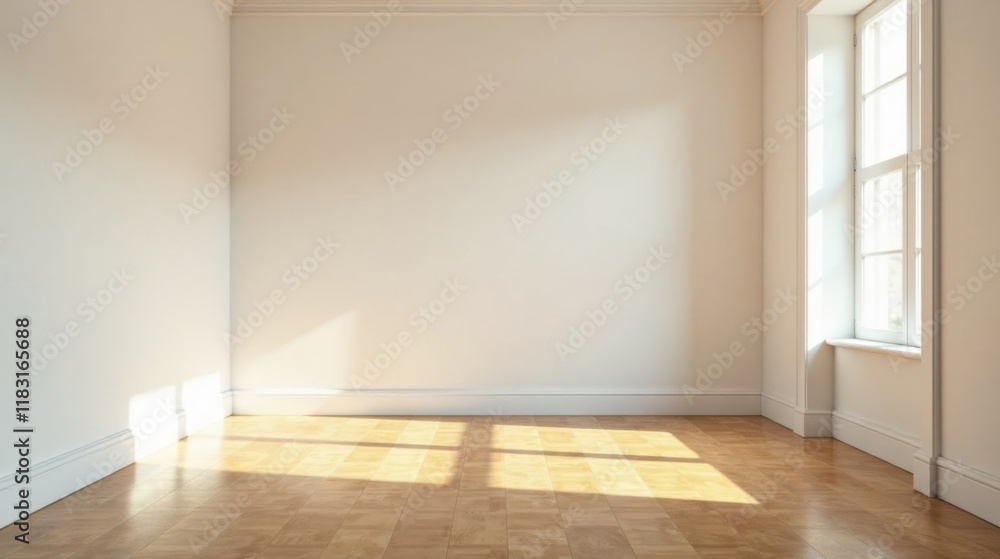 Poster empty room with sunlight streaming through window and light wood floor