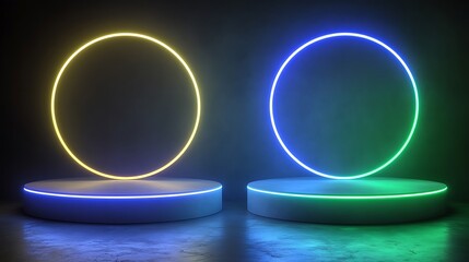 Neon Rings Above Circular Platforms Display