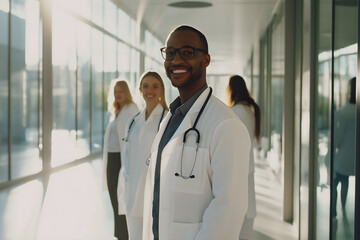 A group of healthcare professionals wearing white lab coats and stethoscopes, standing in a bright hospital hallway, with kind and friendly smile, featuring a clean and modern medical environment.
