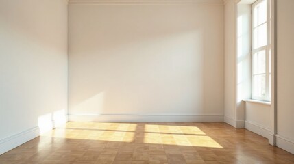Empty Room with Sunlight Streaming Through Window and Light Wood Floor