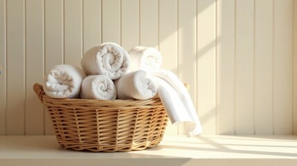 A wicker basket of neatly rolled fluffy white towels bathed in sunlight