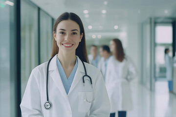 A group of healthcare professionals wearing white lab coats and stethoscopes, standing in a bright hospital hallway, with kind and friendly smile, featuring a clean and modern medical environment.