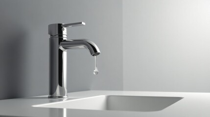 A Single Drop of Water Dripping from a Modern Chrome Faucet in a Minimalist Bathroom Setting