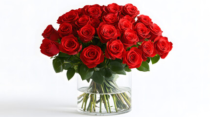 A stunning bouquet of two dozen vibrant red roses arranged in a clear glass vase.  Perfect for Valentine's Day, anniversaries, or any romantic occasion.