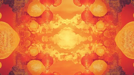 A vibrant Chinese New Year design with symmetrical golden decorations of lanterns and clouds, ideal for creating invitations and flyers