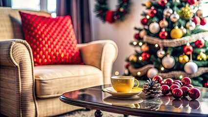 Fototapeta premium Yellow armchairs, a majestic Christmas tree, and shimmering decorations create a warm holiday scene.