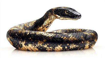 Fototapeta premium A black and gold snake coiled on a white background.