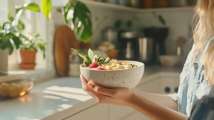 Hand holding healthy breakfast bowl in kitchen