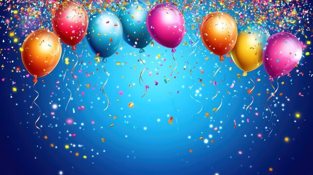 A vibrant display of colorful balloons hanging gracefully from the ceiling, surrounded by shimmering confetti on a bright blue background, perfect for a festive celebration
