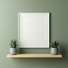 Empty white picture frame on a light wooden shelf against a sage green wall