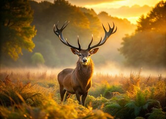 Obraz premium Majestic Red Deer Stag at Dawn - Aerial View of Antlers in Golden Light