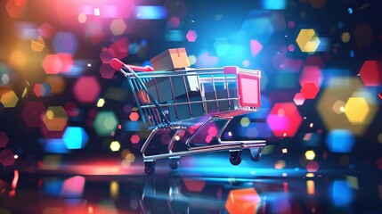 Close up of a shopping cart against a blurred and vibrant neon lit supermarket background depicting the concept of online shopping e commerce and retail discounts