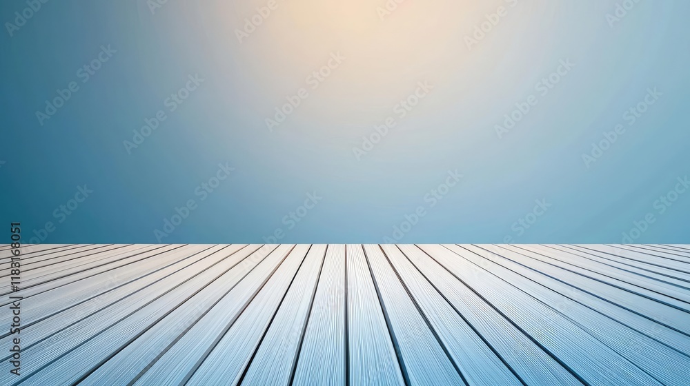 Poster floor abstract background concept. a minimalist wooden surface with a calm blue backdrop and warm li