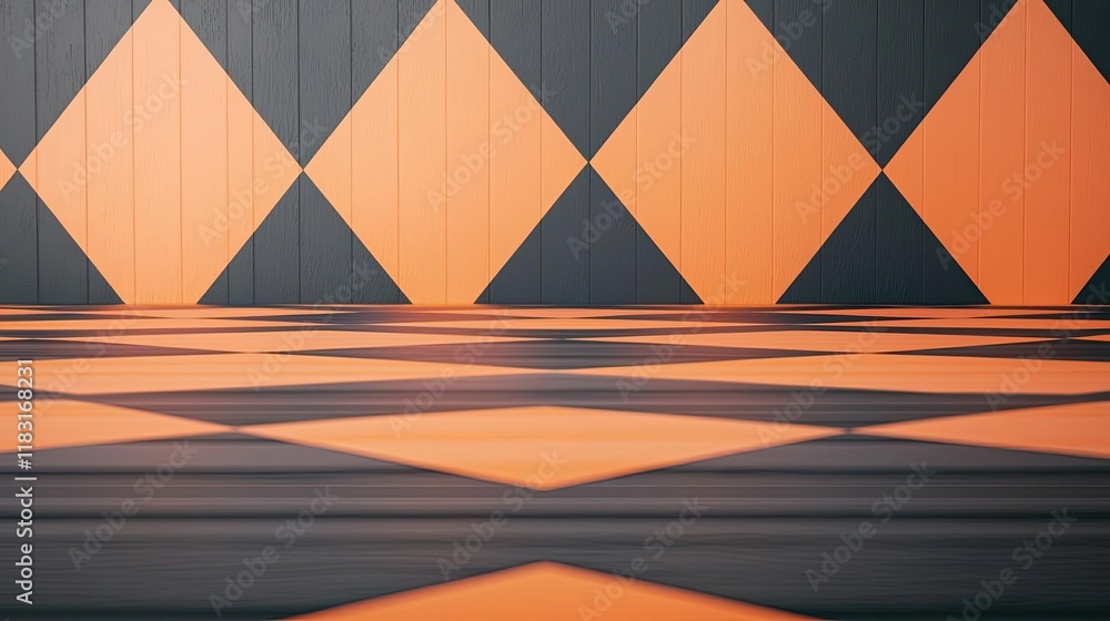 Poster Floor abstract background concept. Creative orange and black diamond pattern floor design with unique geometric shapes.