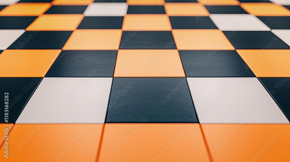 Aufkleber Floor abstract background concept. Vibrant checkerboard pattern with black, white, and orange tiles creating visual depth.