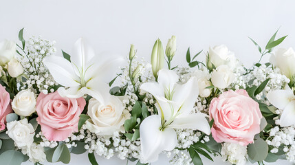 Obraz premium Elegant floral arrangement featuring white lilies, pink and white roses, and baby's breath. Perfect for weddings, events, or home decor. Soft, romantic aesthetic.