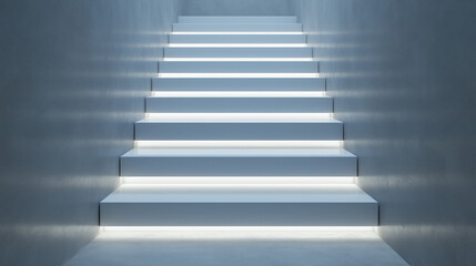 Fototapeta premium Illuminated Path: A minimalist staircase bathed in soft, ethereal light, symbolizing the journey of progress and growth. Each step leads towards an unknown destination.