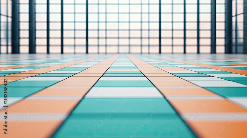 Poster Floor abstract background concept. Modern interior design with colorful geometric tiles and large windows creating spacious ambiance.