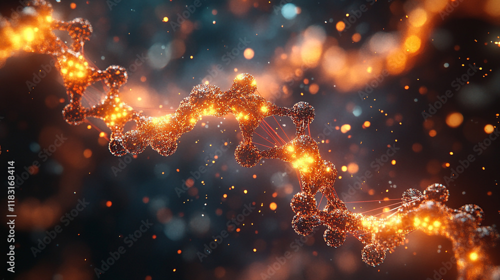 Poster visualization of a molecular structure with glowing particles in a dark background